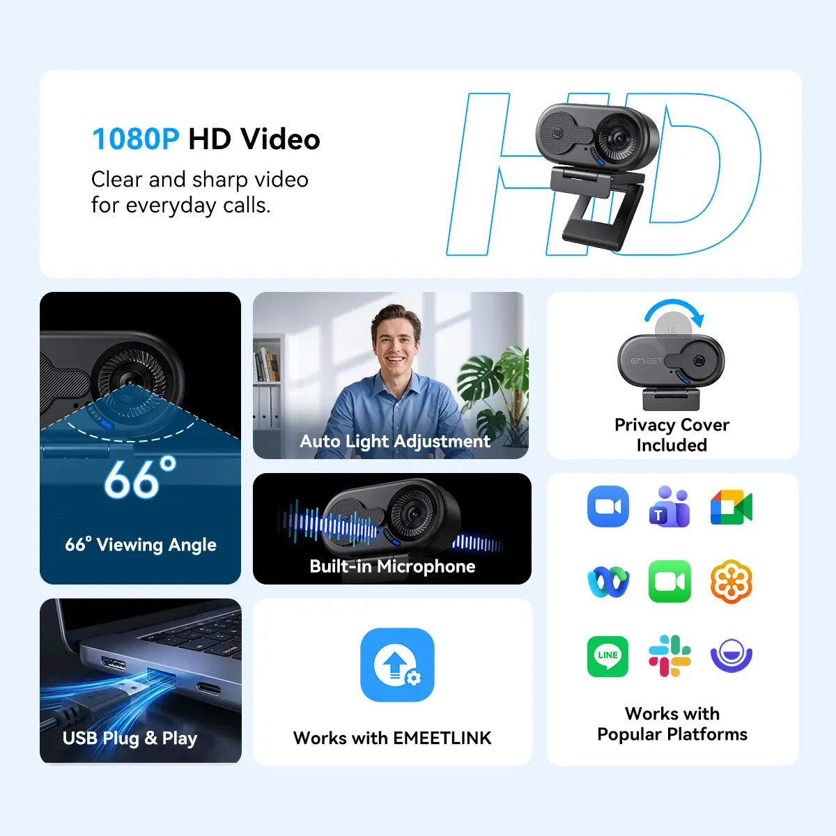 EMEET C100 4K External USB Webcam for PC, Fixed Focus, 66° FOV, Built-In Mic, Privacy Cover, Portable Metal Clip, Computer Camera for Home Office, Online Meetings, Desktop/Laptop USB-A, External Usb Webcams, Tiktokshopbacktoschool