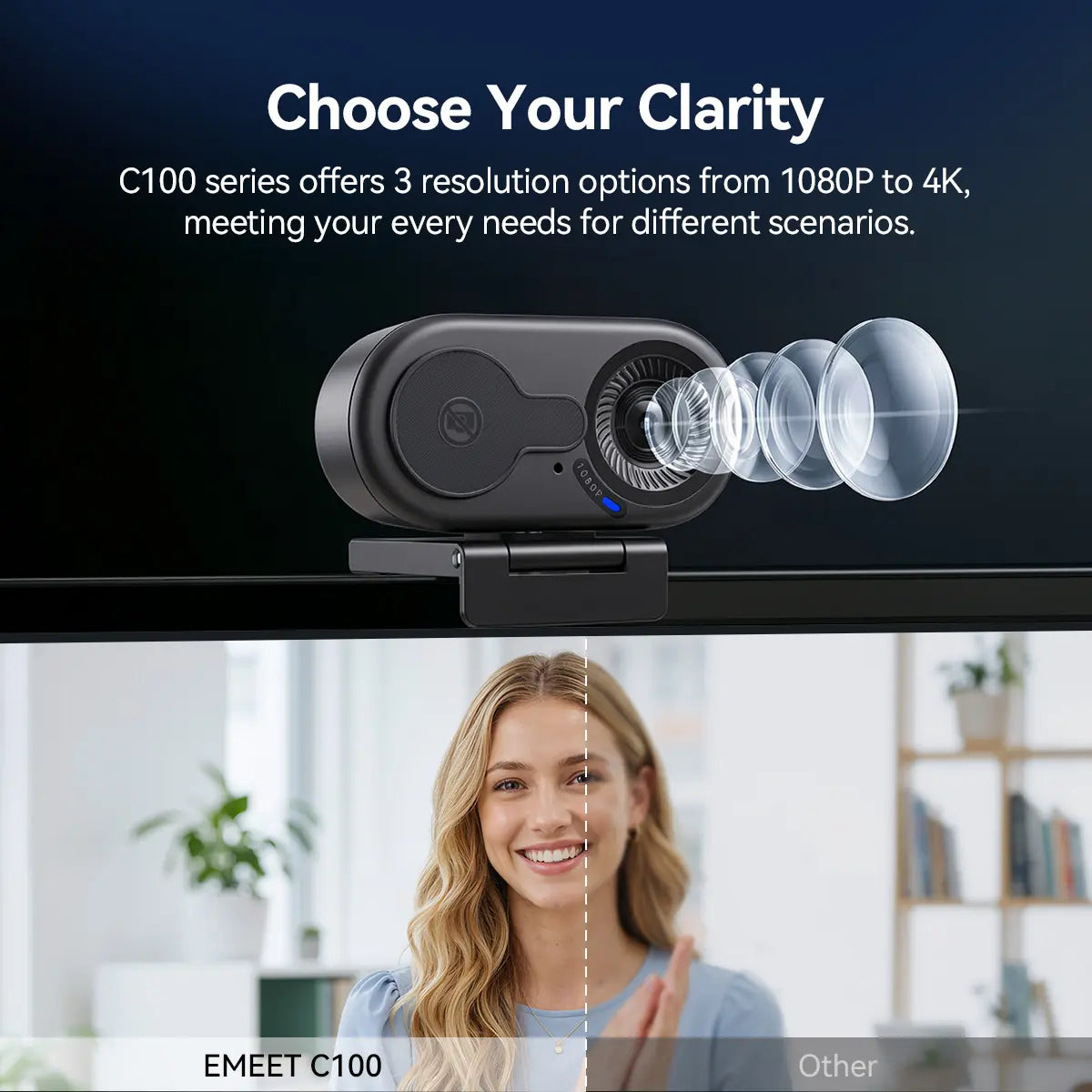 EMEET C100 4K External USB Webcam for PC, Fixed Focus, 66° FOV, Built-In Mic, Privacy Cover, Portable Metal Clip, Computer Camera for Home Office, Online Meetings, Desktop/Laptop USB-A, External Usb Webcams, Tiktokshopbacktoschool