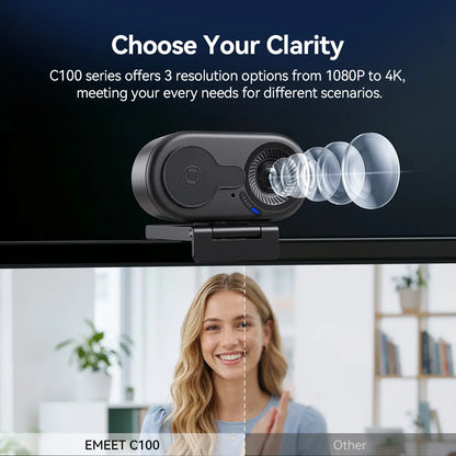 EMEET C100 4K External USB Webcam for PC, Fixed Focus, 66° FOV, Built-In Mic, Privacy Cover, Portable Metal Clip, Computer Camera for Home Office, Online Meetings, Desktop/Laptop USB-A, External Usb Webcams, Tiktokshopbacktoschool